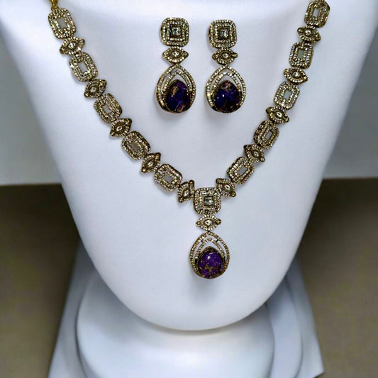 Moissanite Kundan With Doublet Amethyst purple Stone necklace set with earrings placed on a white colored jewellery display stand.